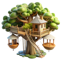 wonderful contemporary Treehouse village connected by rope bridges, dappled sunlight filtering through leaves, whimsical style, 8K png