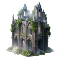 acclaimed art deco A crumbling Gothic cathedral overgrown with ivy, moonlight, volumetric fog, ethereal, painterly style high quality png