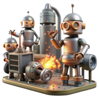 vibrant joyful nordic A group of robots working in a futuristic factory, sparks flying, industrial and gritty, steampunk style refined png