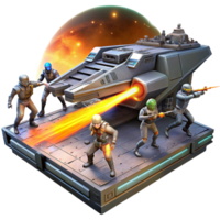 energetic pristine A group of space pirates boarding a derelict spaceship, laser fire illuminating the darkness, chaotic and intense, comic book style premium png