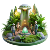 coveted industrial A group of explorers discovering a hidden alien temple, overgrown with vegetation, illuminated by shafts of sunlight. Exploration art style, lush vegetation 8K png