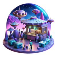 unparalleled classic A bustling cyberpunk marketplace on a distant planet, vendors selling holographic wares under a sky filled with flying vehicles. Vibrant, neon lit scene. Synthwave style authentic png