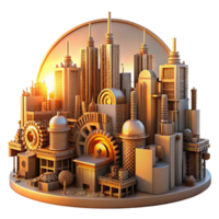 memorable futuristic A steampunk cityscape with towering buildings made of gears, pipes, and cogs, bathed in the orange glow of a setting sun, art deco style, highly detailed crisp png