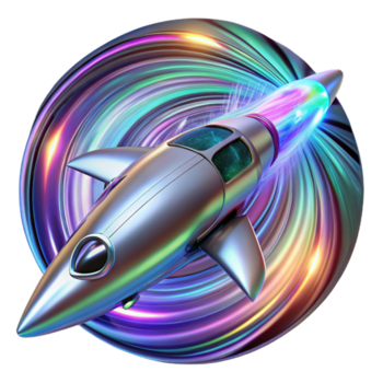 sumptuous distinguished A sleek, chrome spaceship warping through a wormhole, trailing streaks of iridescent light, surrounded by fractal patterns. Synthwave aesthetic, vibrant colors png