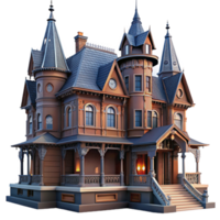 striking distinctive Victorian mansion, brick and wrought iron, intricate details, overcast lighting, gothic horror style png