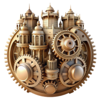 vibrant melancholic victorian An intricate clockwork city, gears and cogs visible, steampunk style, sepia tones, sharp png