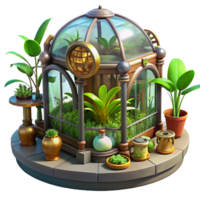 splendid acclaimed A steampunk greenhouse filled with exotic, mechanical plants, vibrant, daylight, fantasy art style png