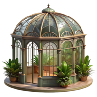 striking abstract Victorian greenhouse, wrought iron and glass, lush plants, soft sunlight, romantic, vintage style fine detail png
