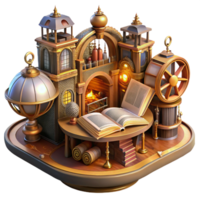 rare gothic A grand steampunk library filled with floating books and intricate mechanical contraptions, warm, ambient lighting, fantasy art style original png