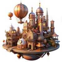 reflective striking A steampunk cityscape with intricate clockwork buildings and flying machines, vibrant, sunset lighting, science fiction style 8K png