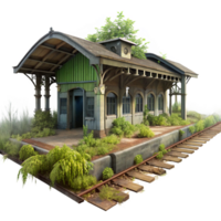 impressive memorable An abandoned train station, overgrown with weeds, eerie atmosphere, urban photography style, png