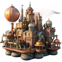 notable victorian A steampunk cityscape with intricate clockwork buildings and flying machines, vibrant, sunset lighting, science fiction style luxury png