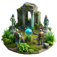 stunning quintessential A group of explorers discovering ancient alien ruins, overgrown with vegetation, mysterious and atmospheric, digital painting style png