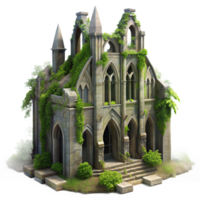 stunning quintessential A crumbling gothic cathedral overtaken by lush vegetation, dappled sunlight, hyperrealistic, Greg Rutkowski style, png
