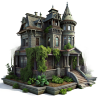 glorious unparalleled A dilapidated Victorian mansion, overgrown with ivy, spooky atmosphere, dimly lit, intricate details, png