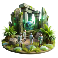 enchanting quintessential A group of explorers discovering ancient alien ruins, overgrown with vegetation, mysterious and atmospheric, digital painting style png