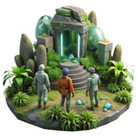 breathtaking joyful creative A group of explorers discovering ancient alien ruins, overgrown with vegetation, mysterious and atmospheric, digital painting style high resolution png