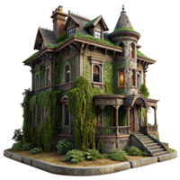 unparalleled geometric A dilapidated Victorian mansion, overgrown with ivy, spooky atmosphere, dimly lit, intricate details, professional png