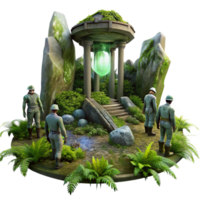 harmonious pristine A group of explorers discovering ancient alien ruins, overgrown with vegetation, mysterious and atmospheric, digital painting style detailed png
