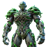 spectacular distinguished A colossal robotic sentinel, composed of interwoven metallic vines, stands guard over a desolate, alien landscape. Eerie, green backlighting. Dark fantasy style png
