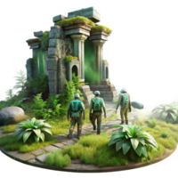 breathtaking inspired A group of explorers discovering ancient alien ruins, overgrown with vegetation, mysterious and atmospheric, digital painting style png