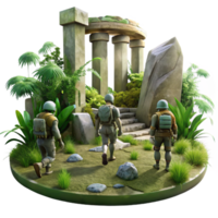 extraordinary remarkable A group of explorers discovering ancient alien ruins, overgrown with vegetation, mysterious and atmospheric, digital painting style png