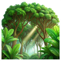 picturesque iconic A lush, green rainforest canopy viewed from below, dappled sunlight filtering through dense foliage, vibrant and detailed in a photorealistic style png