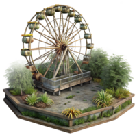 glorious coveted An abandoned amusement park, overgrown with weeds, rusty Ferris wheel, eerie atmosphere, post apocalyptic, png
