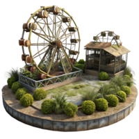 magnificent artistic An abandoned amusement park, overgrown with weeds, rusty metal, eerie atmosphere, precision png