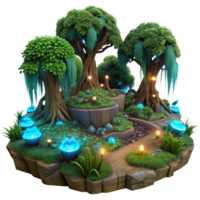 hypnotic mid century A hidden grove of ancient trees with glowing bioluminescent moss, magical twilight lighting, in a fantasy realism style impeccable png