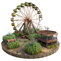 pristine mysterious abstract An abandoned amusement park, overgrown with weeds, rusty Ferris wheel, eerie atmosphere, post apocalyptic, artisan png