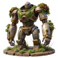 striking unforgettable A giant robot, crumbling and overgrown with vines, stands in a post apocalyptic wasteland. Dieselpunk style. Golden hour lighting png