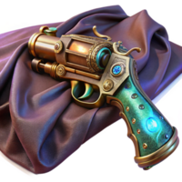 enchanting bohemian A highly detailed steampunk pistol, with intricate engravings and glowing energy cells, lying on a velvet cloth, illuminated by a single spotlight, in a photorealistic style 8K png