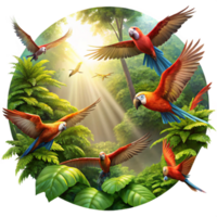 wonderful renaissance A flock of scarlet macaws soaring through a dense Amazonian rainforest, sunlight filtering through the canopy, creating dramatic light shafts. Painterly style, vivid colors elite png