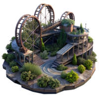 radiant harmonious art deco An abandoned amusement park with rusting roller coasters and overgrown vegetation, eerie twilight lighting, dystopian style refined png