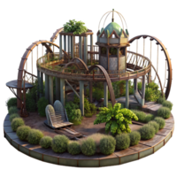 celebrated modern An abandoned amusement park with rusting roller coasters and overgrown vegetation, eerie twilight lighting, dystopian style high resolution png