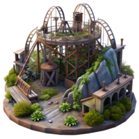 memorable nordic An abandoned amusement park with rusting roller coasters and overgrown vegetation, eerie twilight lighting, dystopian style original png