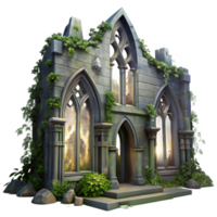 stunning minimalist A crumbling Gothic cathedral overgrown with ivy, moonlight streaming through broken stained glass windows, hyperrealistic style original png