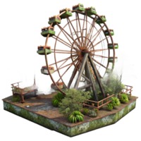 whimsical dramatic An abandoned amusement park, overgrown with weeds, rusty Ferris wheel, eerie atmosphere, post apocalyptic, masterfully captured png