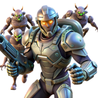 captivating bold baroque A futuristic soldier wearing powered armor, battling alien creatures in a dense jungle. Dynamic, action packed lighting. Military sci fi style flawless png