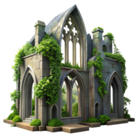 breathtaking acclaimed A crumbling gothic cathedral overgrown with ivy, dappled sunlight filtering through broken stained glass, hyperrealistic style png