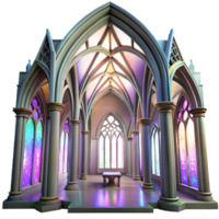 splendid dynamic creative Gothic cathedral interior, stained glass windows casting colorful light, ethereal atmosphere, Greg Rutkowski, high quality png