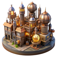 sought after futuristic A steampunk cityscape, with towering buildings adorned with gears, pipes, and airships, illuminated by the warm glow of gaslight, in a detailed, panoramic style fine detail png