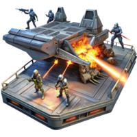 immaculate artistic A group of space pirates boarding a derelict spaceship, laser fire illuminating the chaotic scene. Dark, gritty lighting. Space opera style precision png