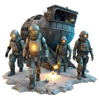 standout bohemian A group of space pirates in tattered spacesuits explores a derelict spaceship, illuminated by the flickering light of their headlamps. Dieselpunk style, gritty texture studio quality png