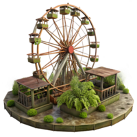 splendid tranquil industrial An abandoned amusement park, overgrown with weeds, rusty Ferris wheel, eerie atmosphere, post apocalyptic, authentic png