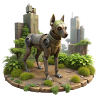 passionate breathtaking A lone, robotic dog wanders through a deserted, post apocalyptic city, overgrown with vegetation. Cyberpunk style, gritty texture 8K png