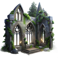 pristine ethereal surreal A crumbling Gothic cathedral overgrown with ivy, moonlight streaming through broken stained glass windows, hyperrealistic style handcrafted png