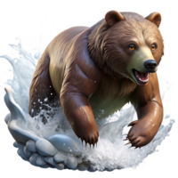 breathtaking whimsical gothic A grizzly bear fishing for salmon in a rushing river, spray and mist swirling around its powerful paws, depicted in a realistic wildlife photography style authentic png