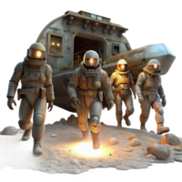 calm serene A group of space pirates in tattered spacesuits explores a derelict spaceship, illuminated by the flickering light of their headlamps. Dieselpunk style, gritty texture high resolution png